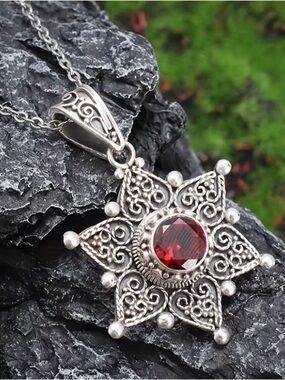 Sterling Silver Star Pendant Necklace with Red Gem